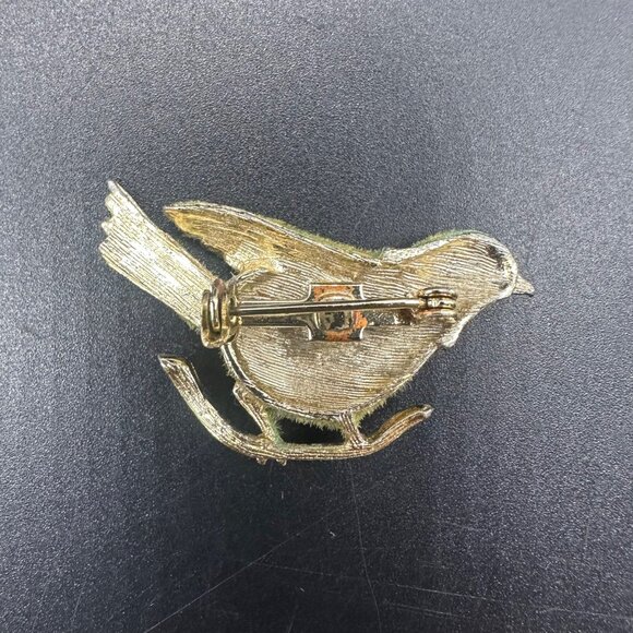 Vintage Bird Brooch Pin Flocked Green Gold Tone Mid Century Jewelry Kitschy - Picture 4 of 9